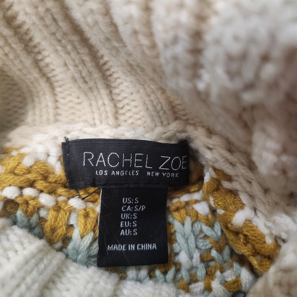 Rachel Zoe Womens Fair Isle Turtleneck Sweater Ivory Gold Sage Blue Small Nordic - Picture 7 of 10